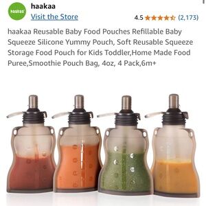haakaa Reusable Silicone Baby Food Pouches - Smoke (4 Pack)